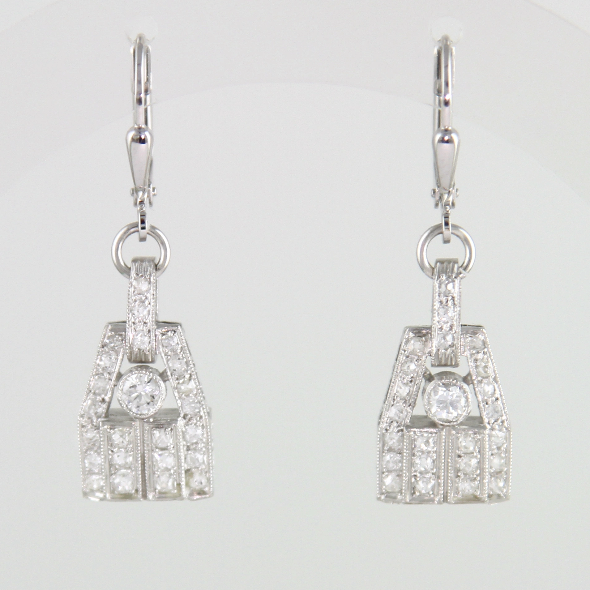 Paar Art Déco Ohrringe Platin -1,15ct Diamanten Altschliff Brillanten – Bild 7