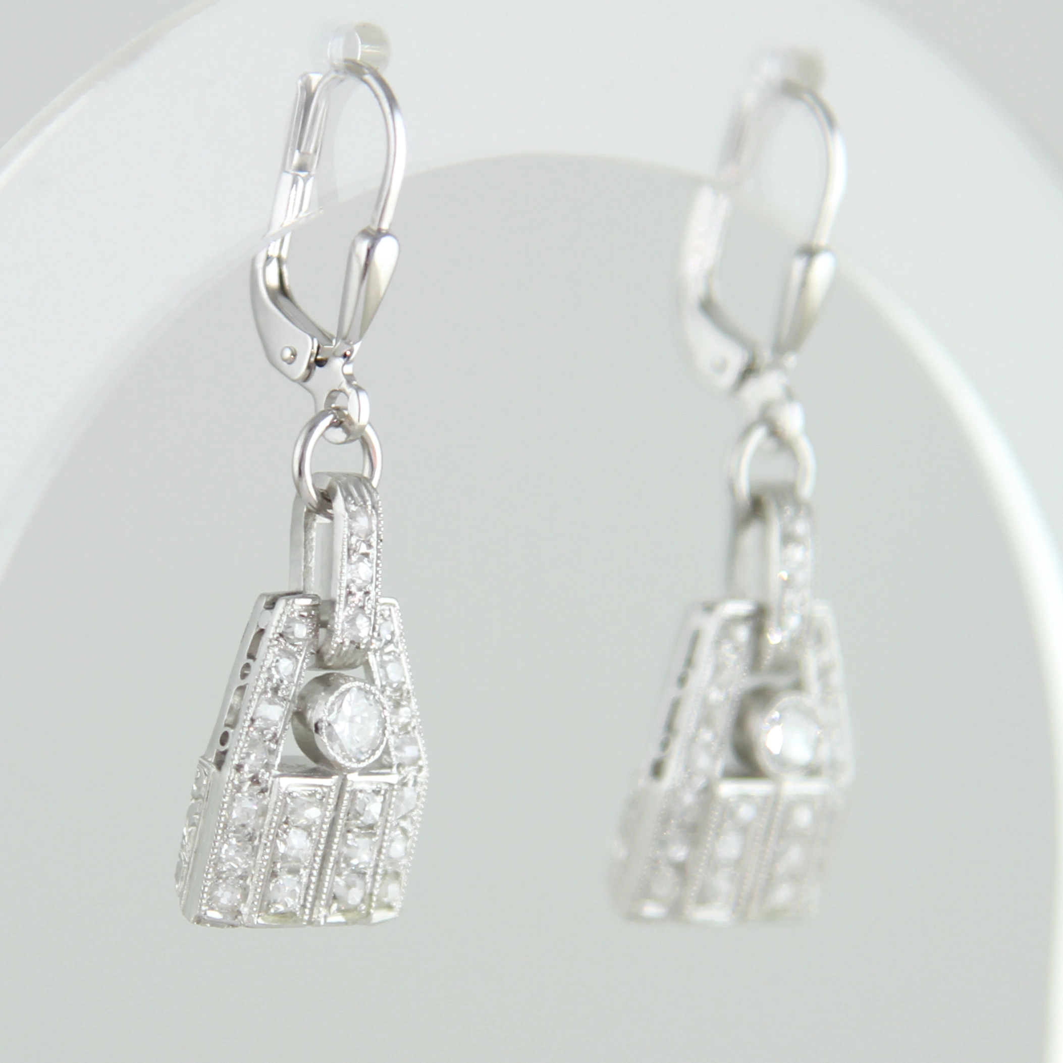 Paar Art Déco Ohrringe Platin -1,15ct Diamanten Altschliff Brillanten – Bild 6