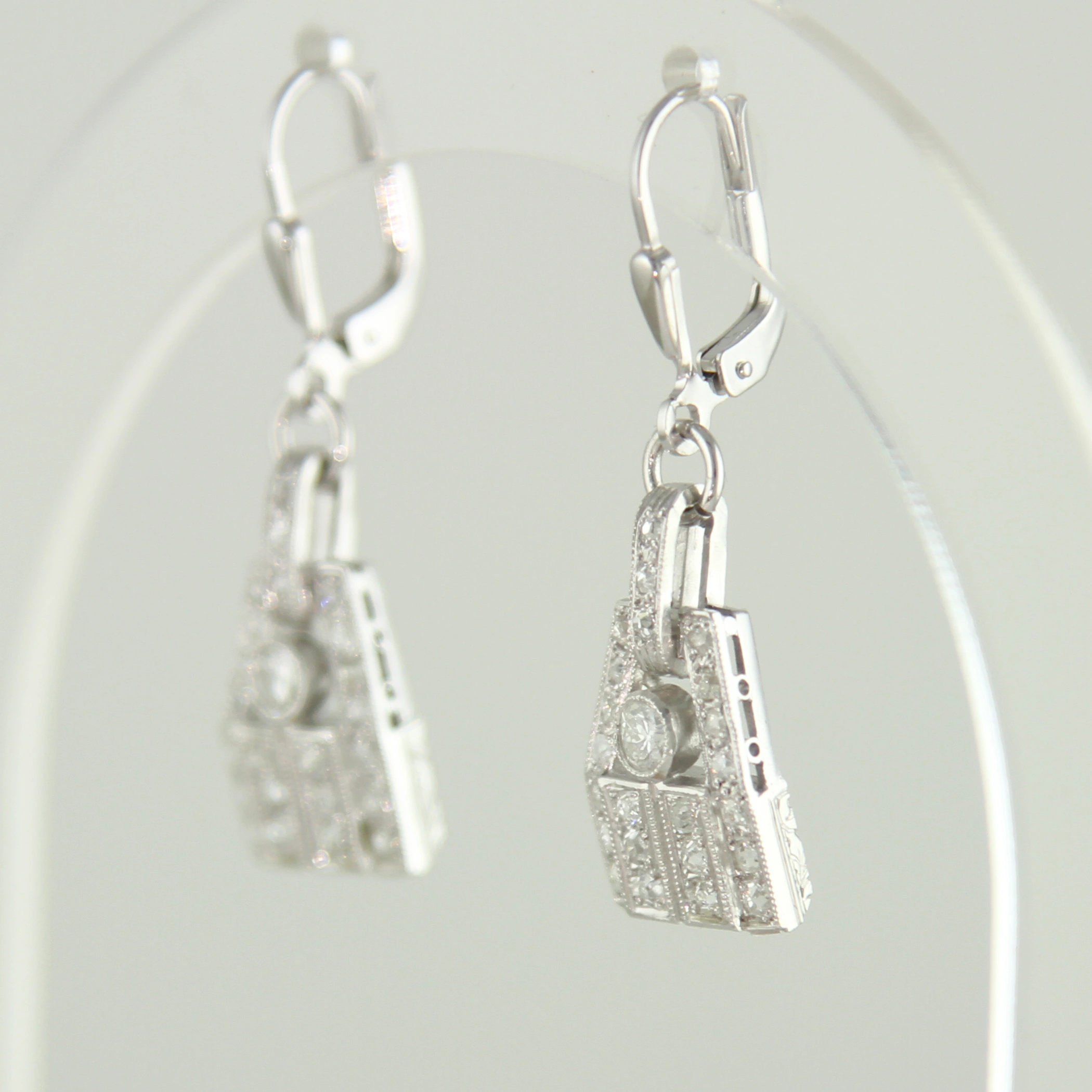 Paar Art Déco Ohrringe Platin -1,15ct Diamanten Altschliff Brillanten – Bild 5