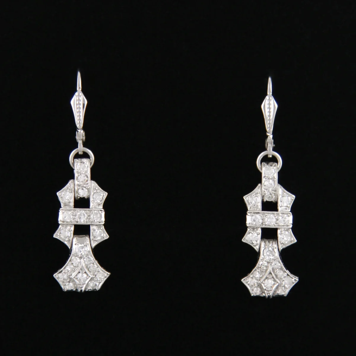 Paar Art Déco Ohrringe Platin ~1,3ct Diamanten Altschliff Brillanten